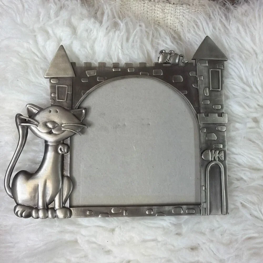 Sonoma Whimsical Kitty Cat with Castle Silvertone Metal Picture Frame 4 x 4 Phot